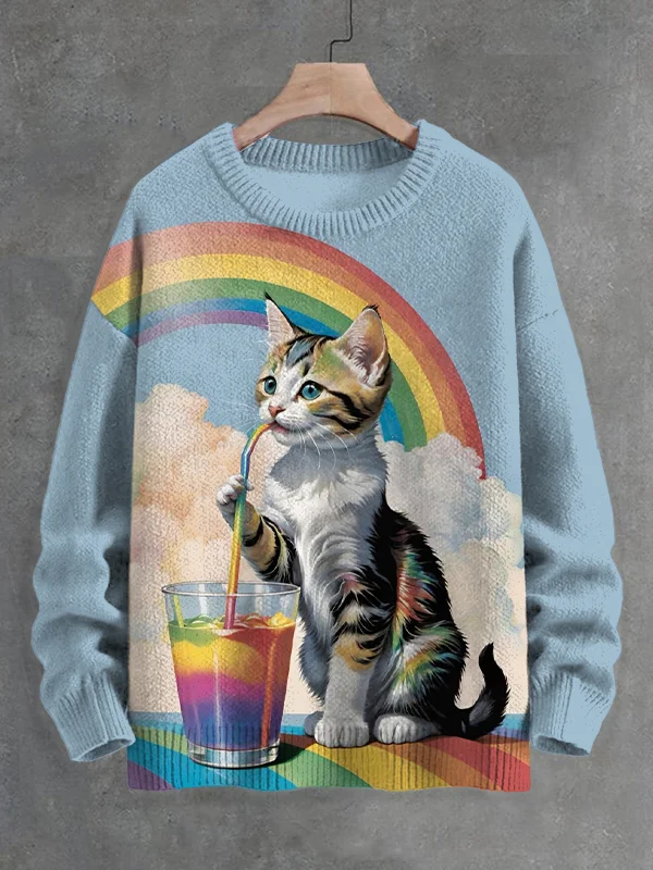 Men's Cat And Rainbow Art Print Knit Sweatshirt