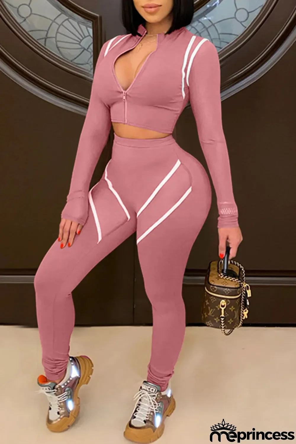 Pink Sexy Print Split Joint V Neck Long Sleeve Two Pieces