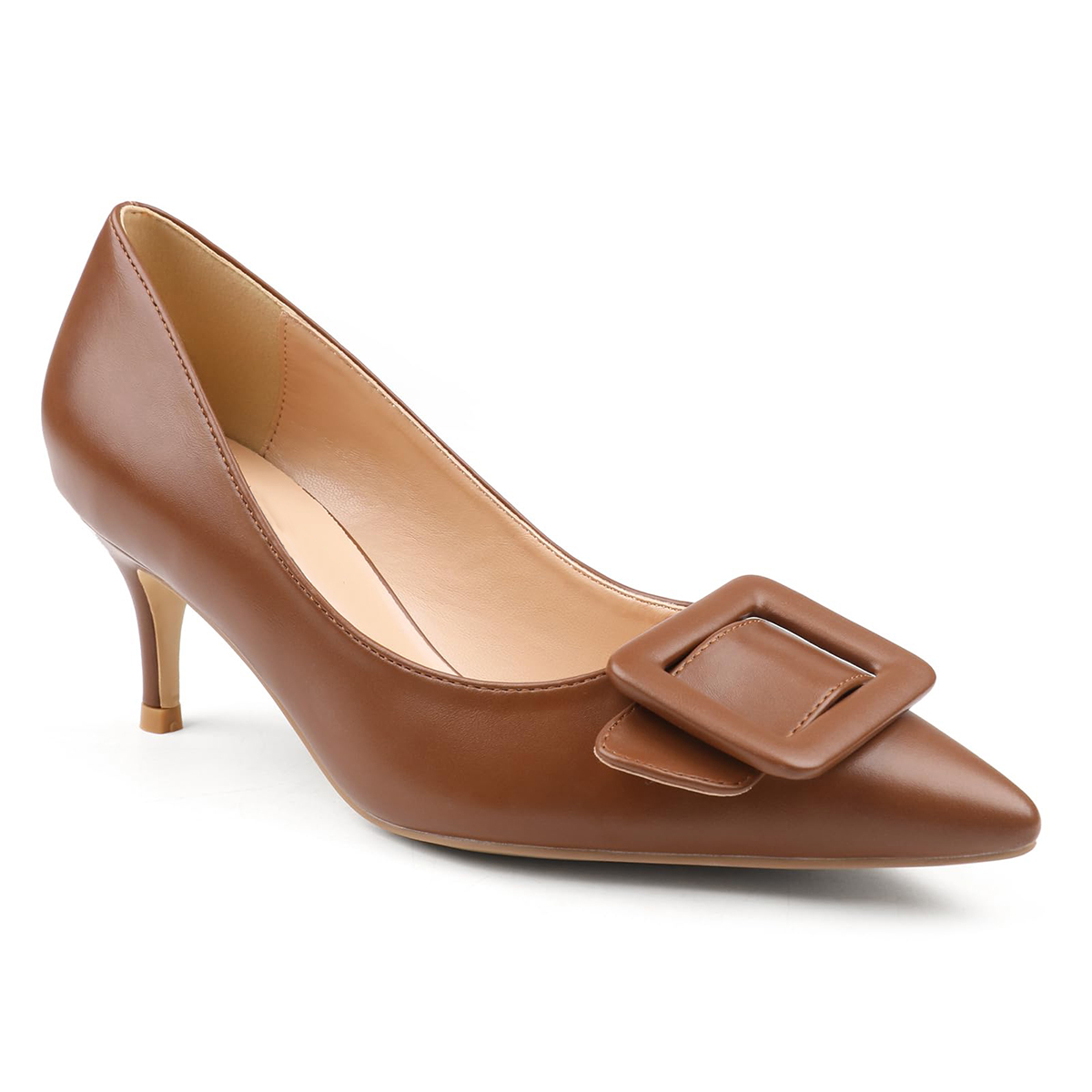 60mm Pointed Toe Square Buckle Decoration Kitten Heels Daily Pumps for Women Matte-MERUMOTE