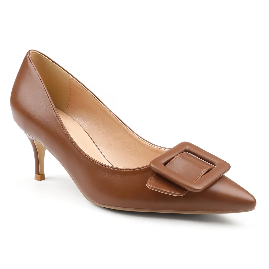 60mm Pointed Toe Square Buckle Decoration Kitten Heels Daily Pumps for Women Matte-MERUMOTE