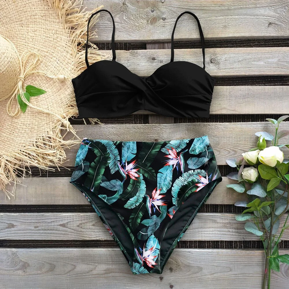 2022 Sexy Leaf Print Bikini Female Swimsuit Women Swimwear Thong Push Up Bikinis Set High Waist Swimming Suits for Bathing Suit