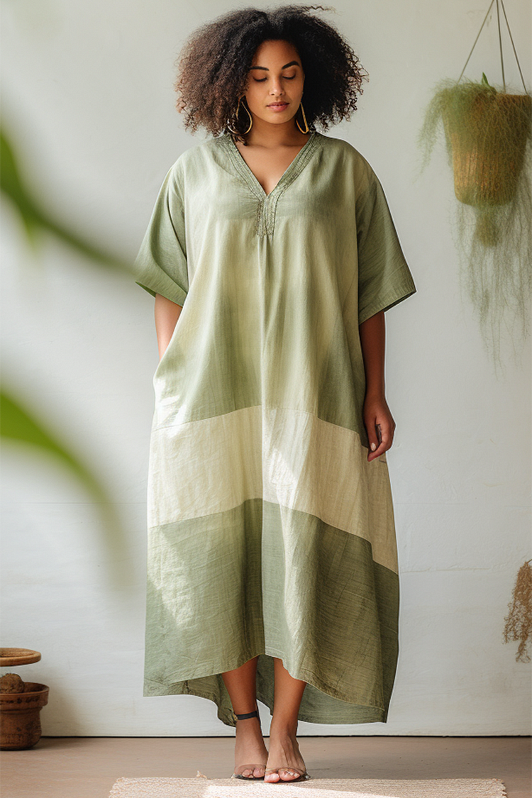 Xpluswear Design Plus Size Daily Sage Green Colorblock V Neck Short Sleeve Crinkle Chest Linen Shirt Midi Dresses