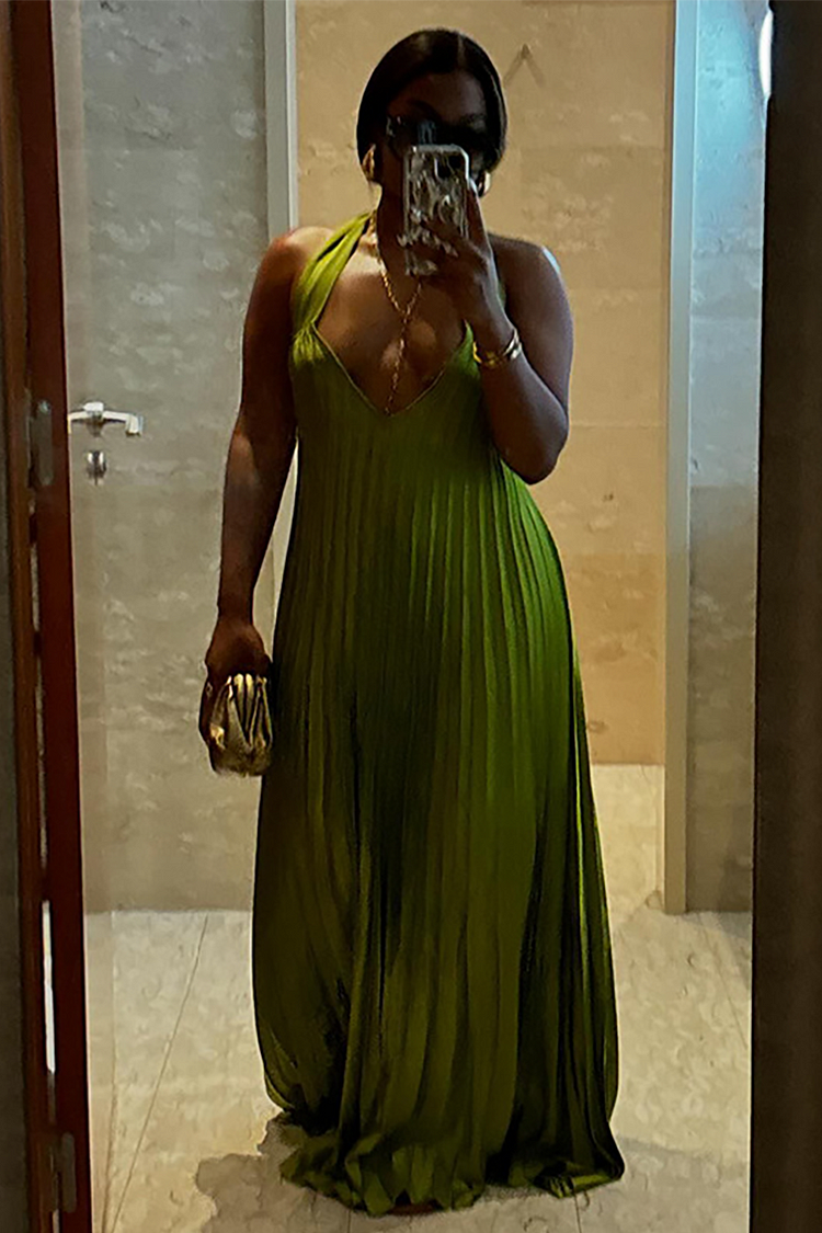 Irregular Neckline Pleated Hem Backless Halter Neck Gowns Maxi Dresses-Green