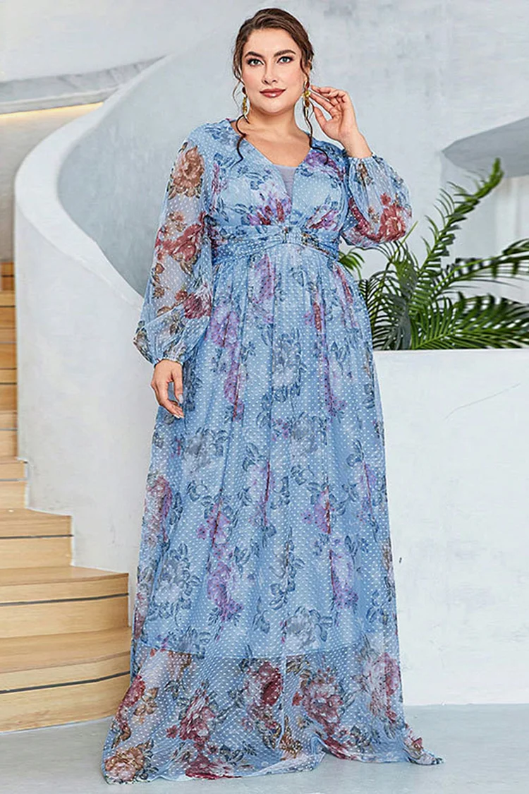 Plus Size Casual Blue Floral Print Lantern Sleeve Tunic Maxi Dress  Flycurvy [product_label]