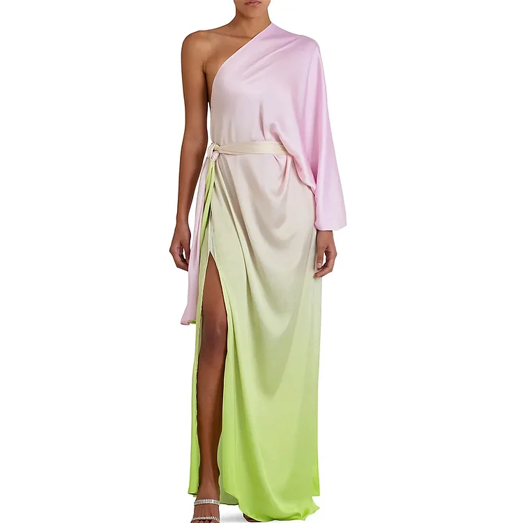 Flaxmaker Oblique Shoulder Color Block Beach Vacation Big Dress