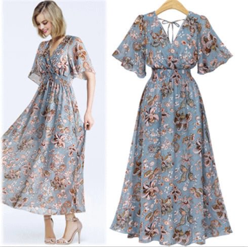 Fashion Women's Clothing Floral Print V-neck Chiffon Long Dress