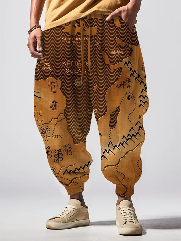 Men's Vintage Africa Map Art Print Loose Drawstring Waist Sweatpants