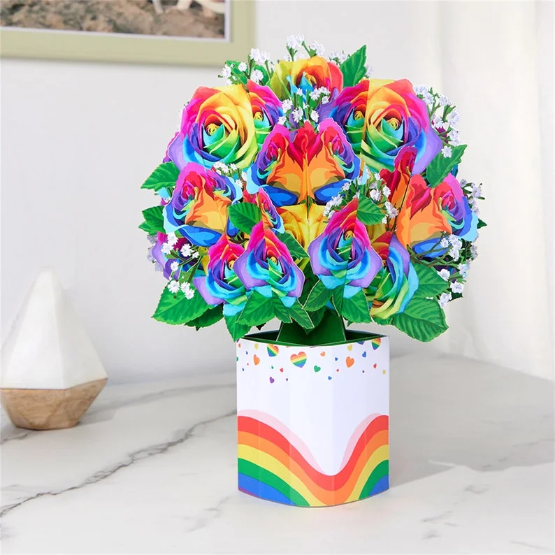 Rose Flower Rainbow Explosion Bouquet,Personalized Handmade ,Anniversary,Wedding Greeting Card,Pride Month,Valentine's Day