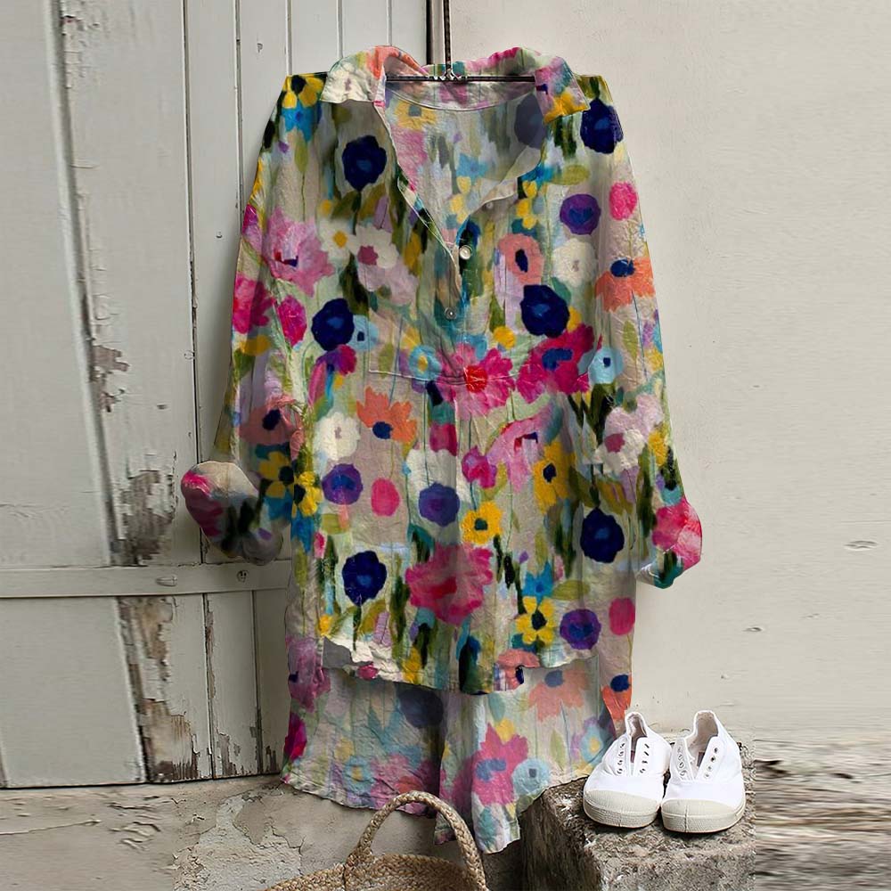 Comstylish Vintage Button Colorful Floral Art Printed Casual Shirt