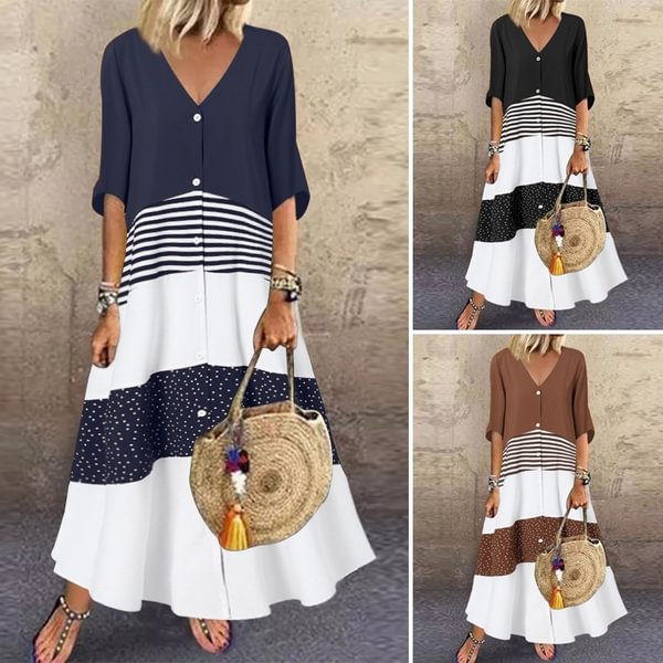 Women V Neck Casual Holiday Long Shirt Dress Bohemian Patchwork Summer Kaftan Maxi Sundress - Shop Trendy Women's Clothing | LoverChic