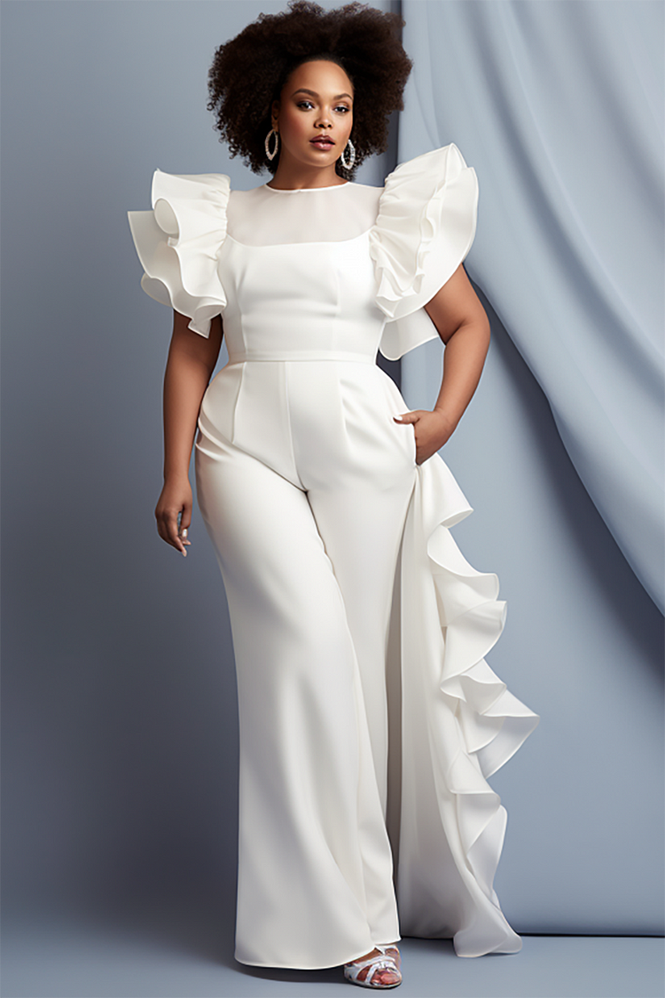 Xpluswear Design Plus Size Semi Formal Elegant White Round Neck Petal Sleeve Ruffle Pocket Organza Jumpsuits [Pre-Order]