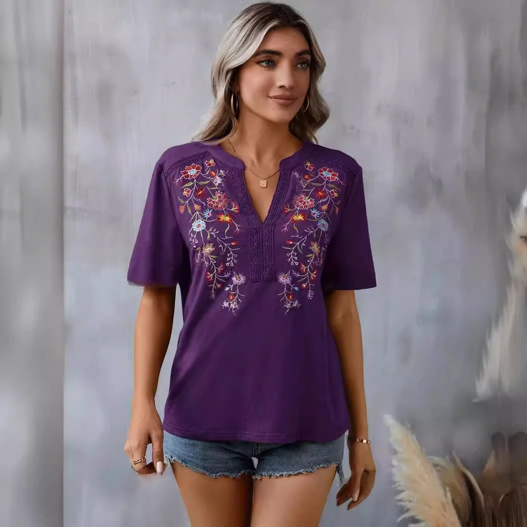 Women's Vintage Boho Casual Embroidered Stitching Lace Loose Blouses V-neck T-shirt