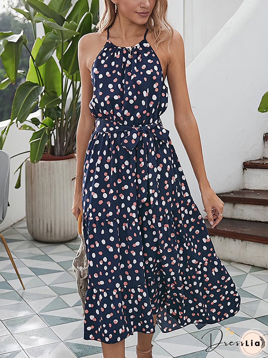 Polka Dot Loose Printed Halter Neck Sleeveless Midi Dress
