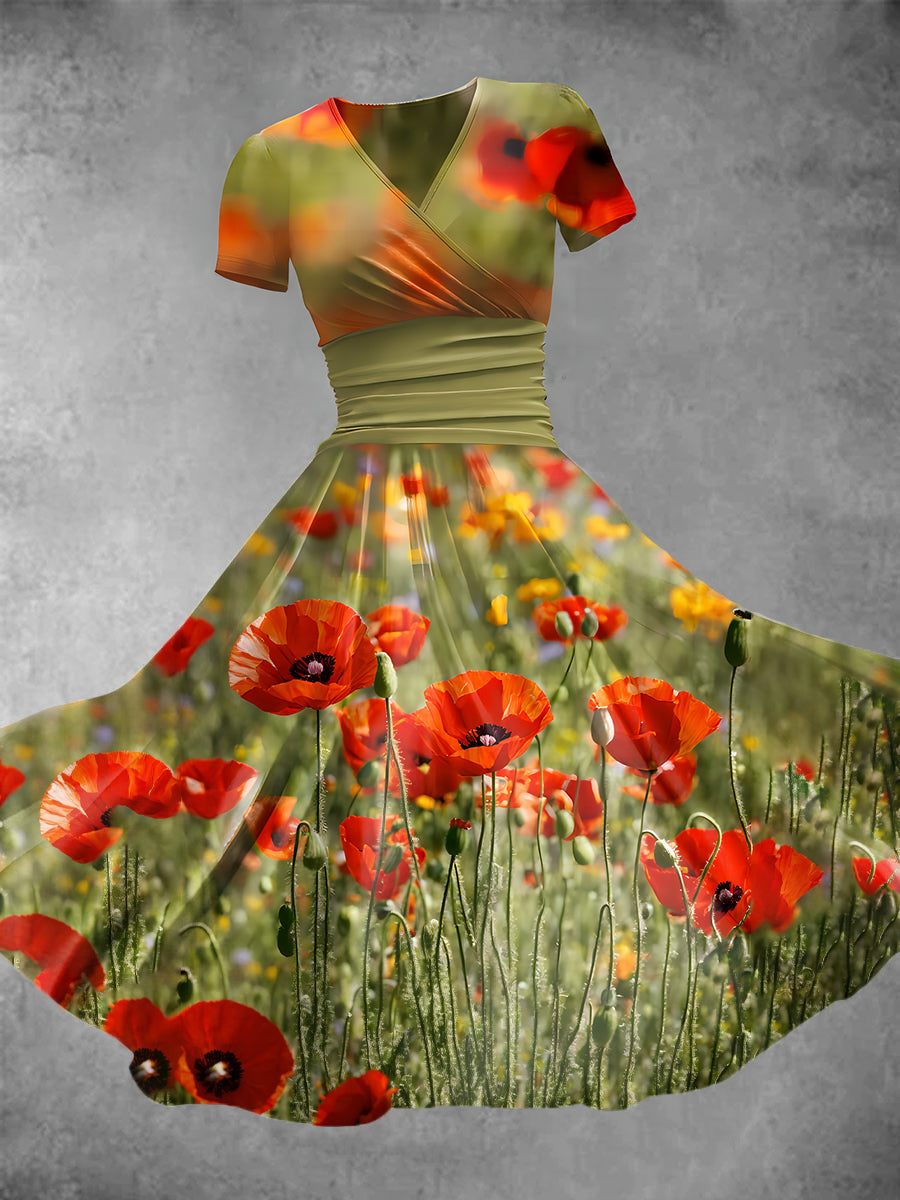 Women's Retro Poppy Flower Art Print V-Neck Midi Dress