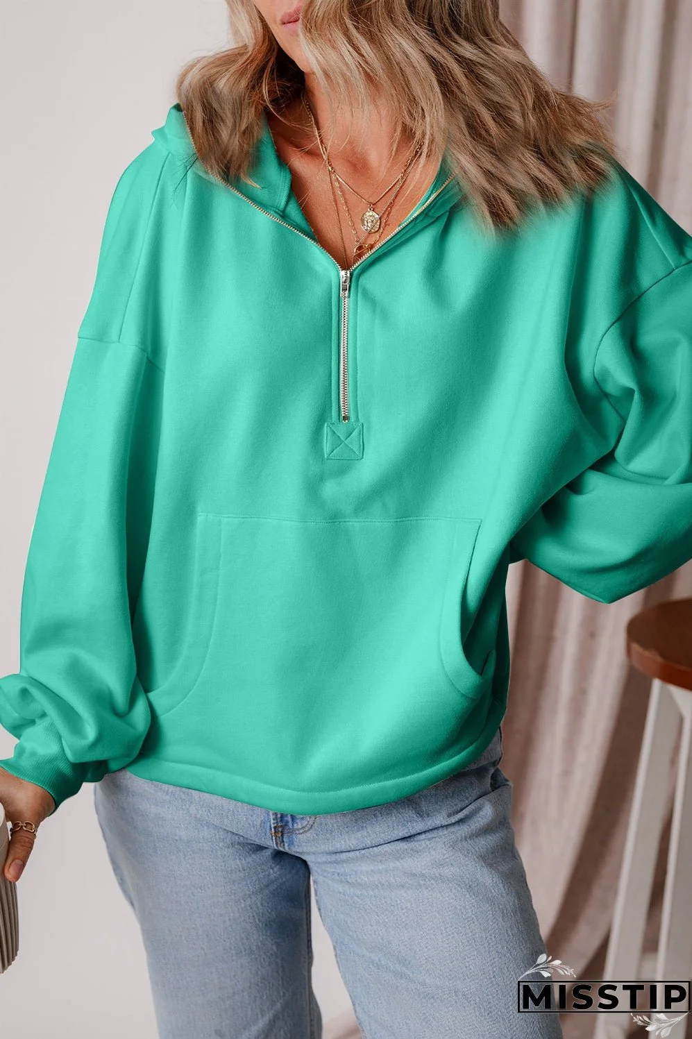 Pocketed Half Zip Dropped Shoulder Hoodie