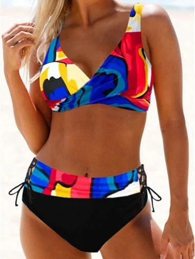 Women Sleeveless V-neck Gradient Colorblock Bikini Swimwear