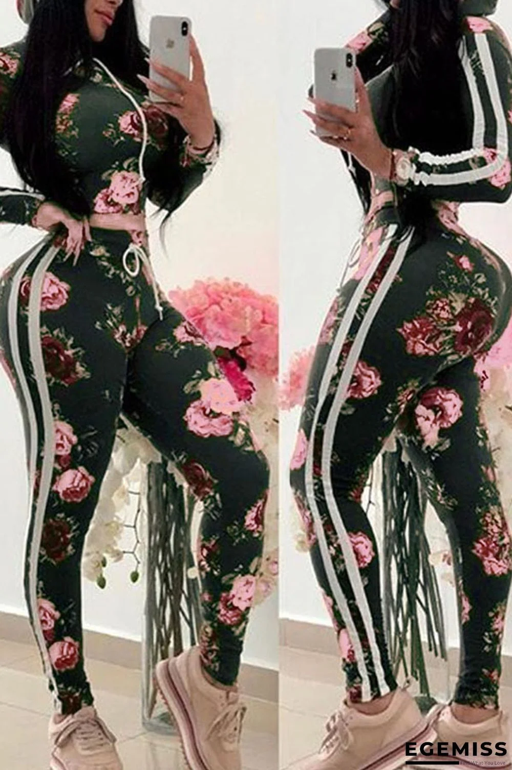 Green Casual Hooded Collar Floral Printed Knitting Two-piece Pants Set (Batch Print) | EGEMISS