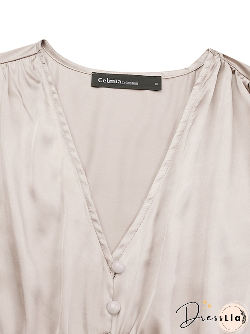 Solid Color Patchwork Puff Sleeves V-neck Satin Casual Dress