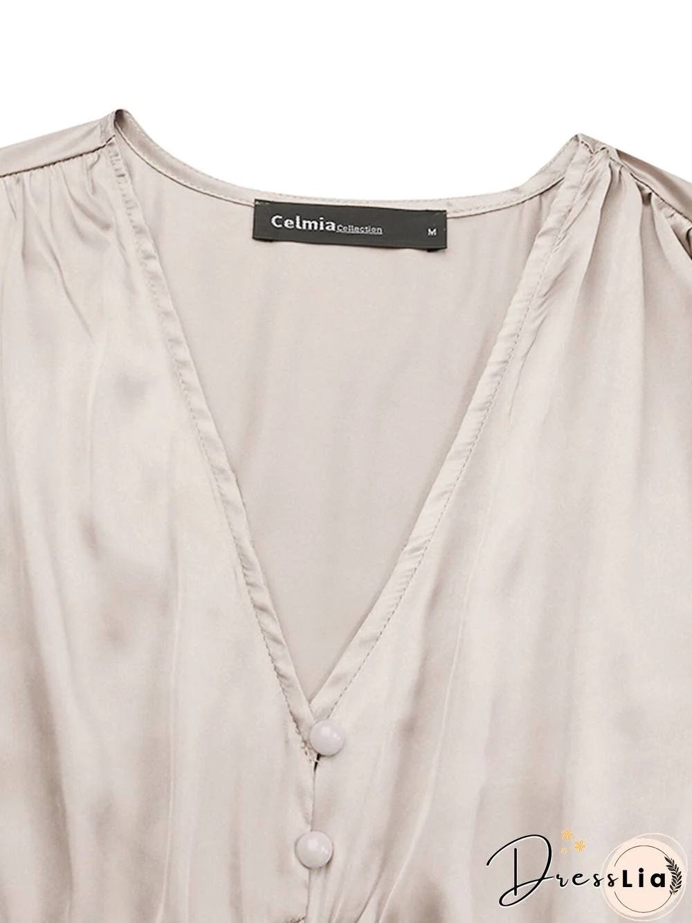 Solid Color Patchwork Puff Sleeves V-neck Satin Casual Dress