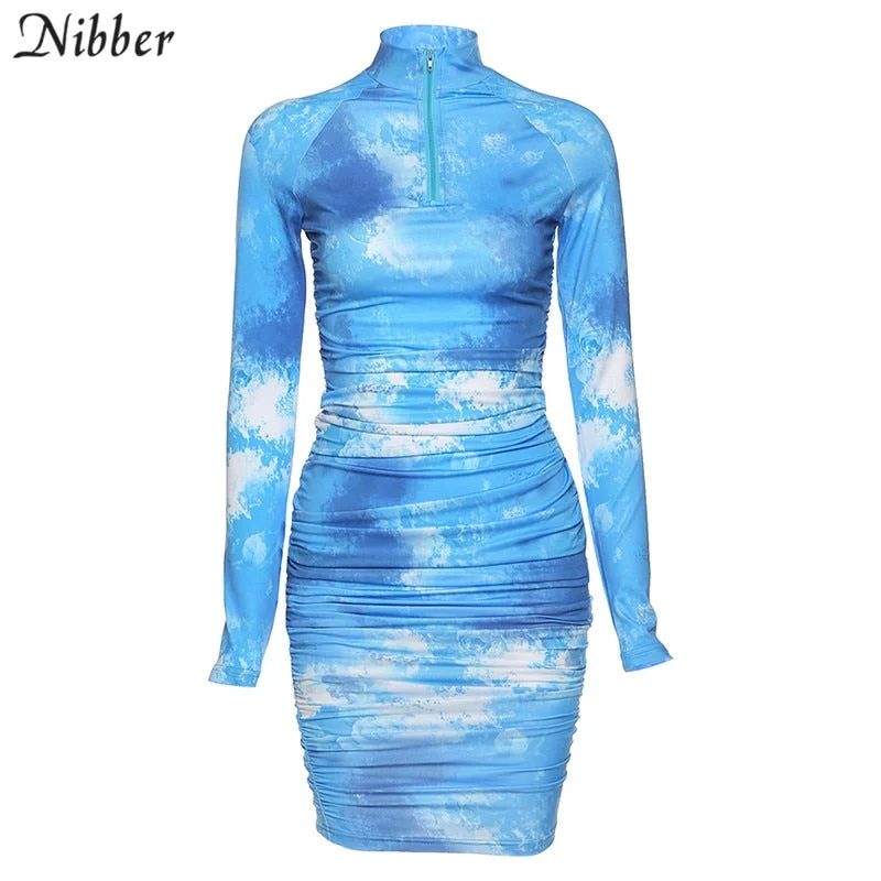 Nibber Colorful tie-dye full sleeve bodycon midi dresses womens Trendy Blue High Quality Dress ladies Basic street stretch dress