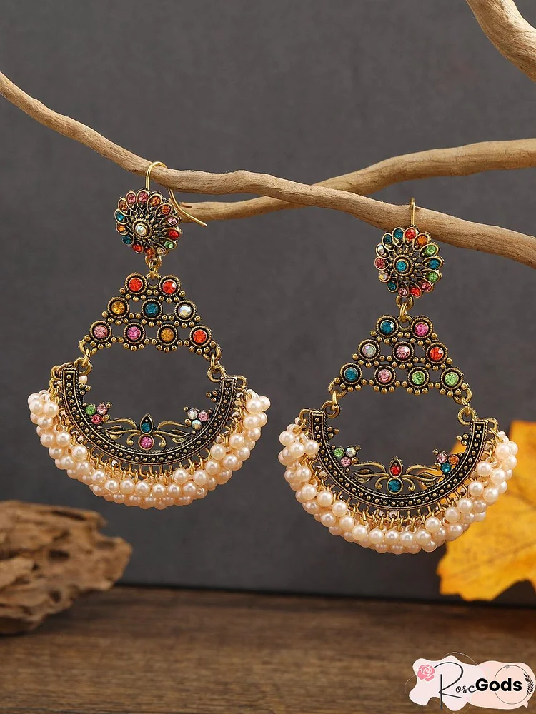 Ethnic Vintage Colorful Crystal Scalloped Pearl Earrings Bohemian Resort Jewelry