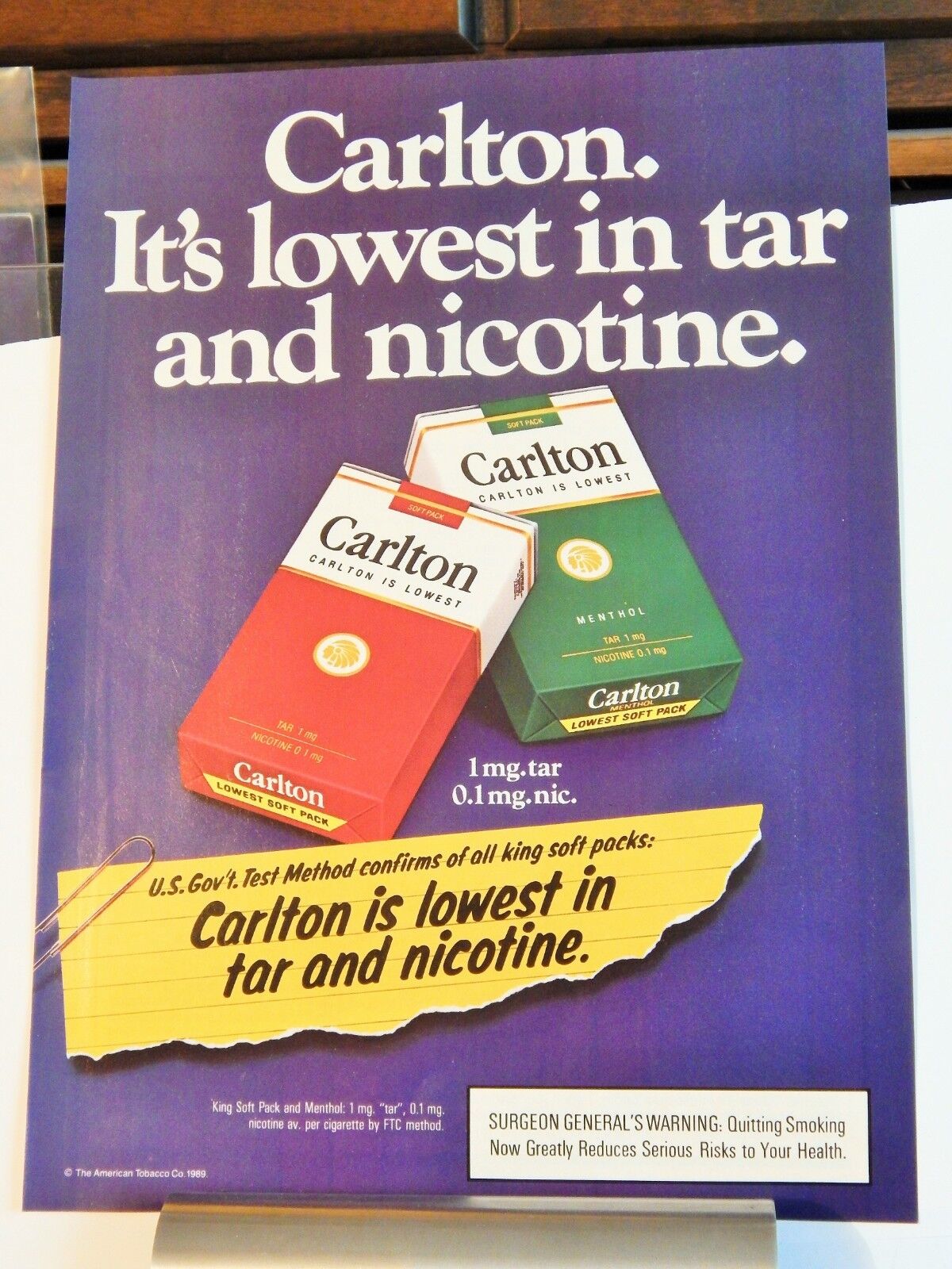 CARLTON CIGARETTE ORIGINAL VTG 1989 Photo Poster painting AD, RARE COLLECTIBLE SOUGHT