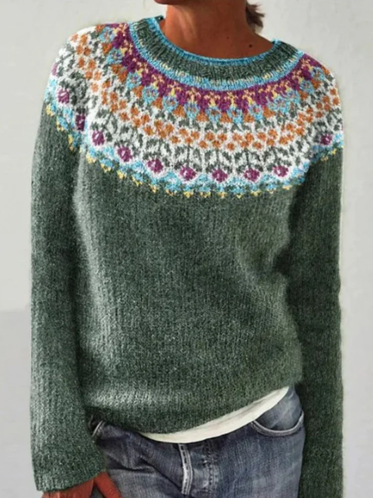 Retro Art Print Casual Pullover Sweater