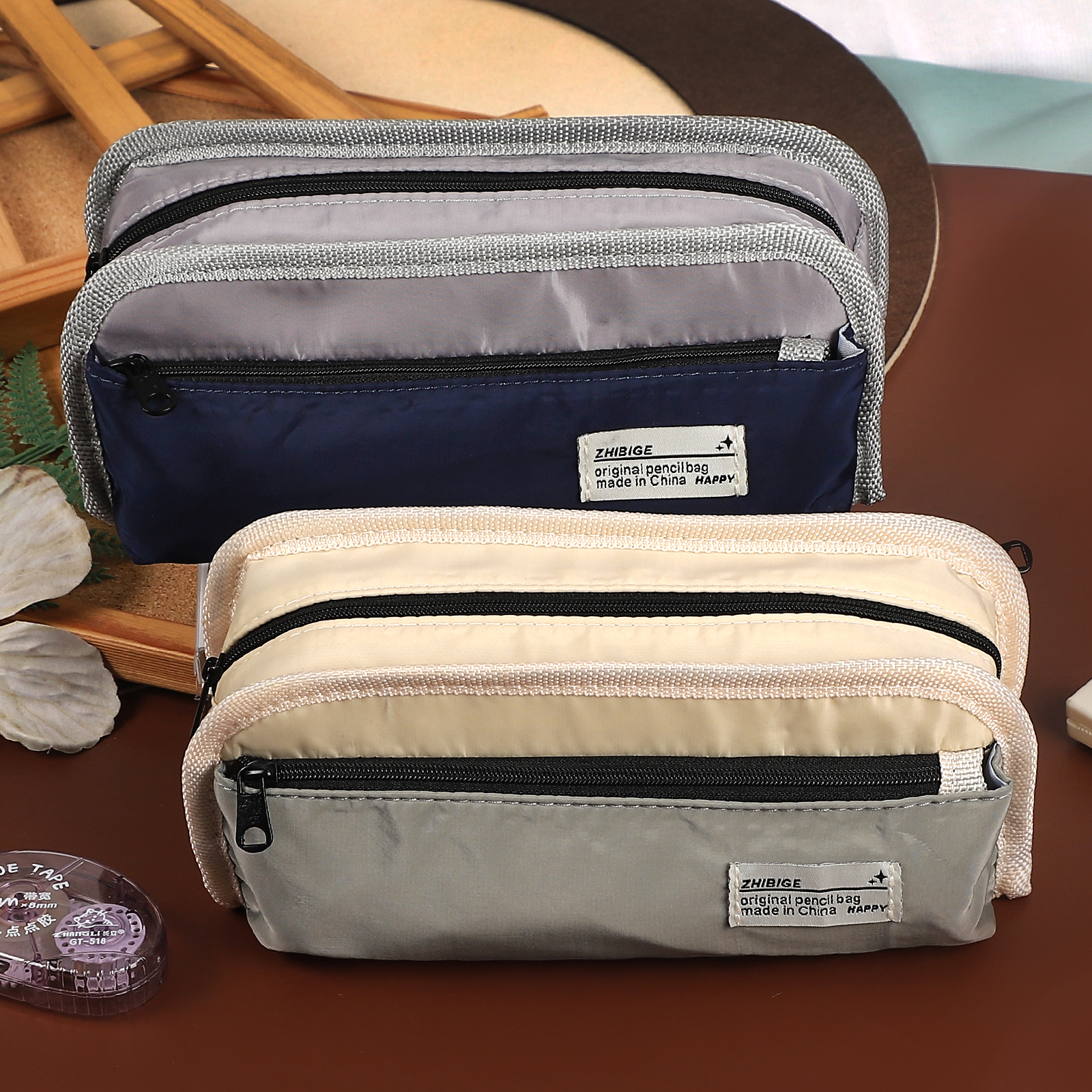 연필 케이스 - 대용량 3겹 지퍼 캔버스 펜 가방 보관