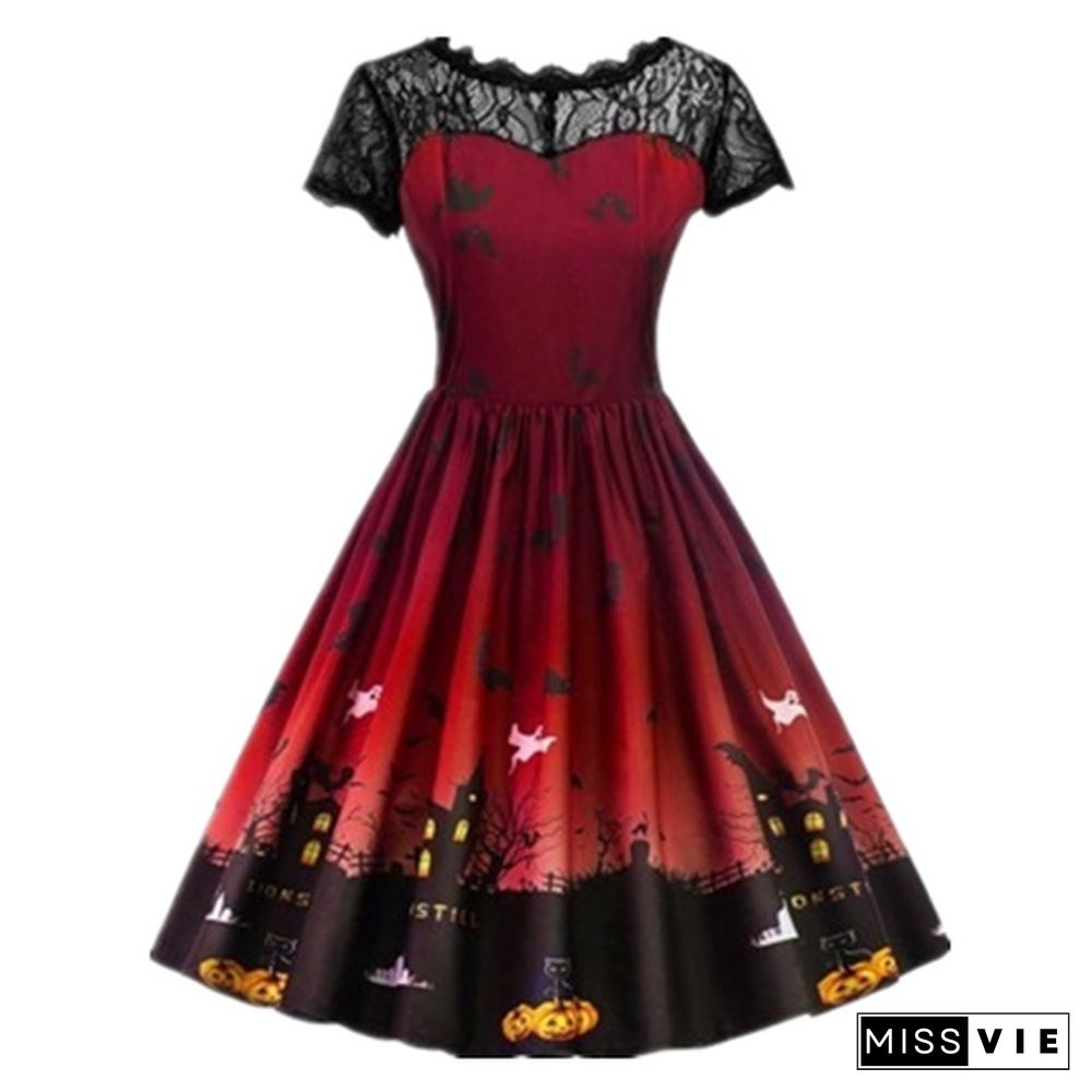 7 Colors Women Fashion Pumpkin Snowflake Print Dress Short Sleeve Lace Dress Christmas Halloween Costume Knee Length Party Dresses