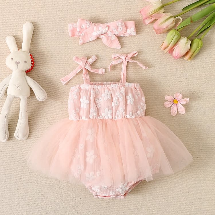 Baby Floral Sling Tutu Skirted Bodysuit with Headband