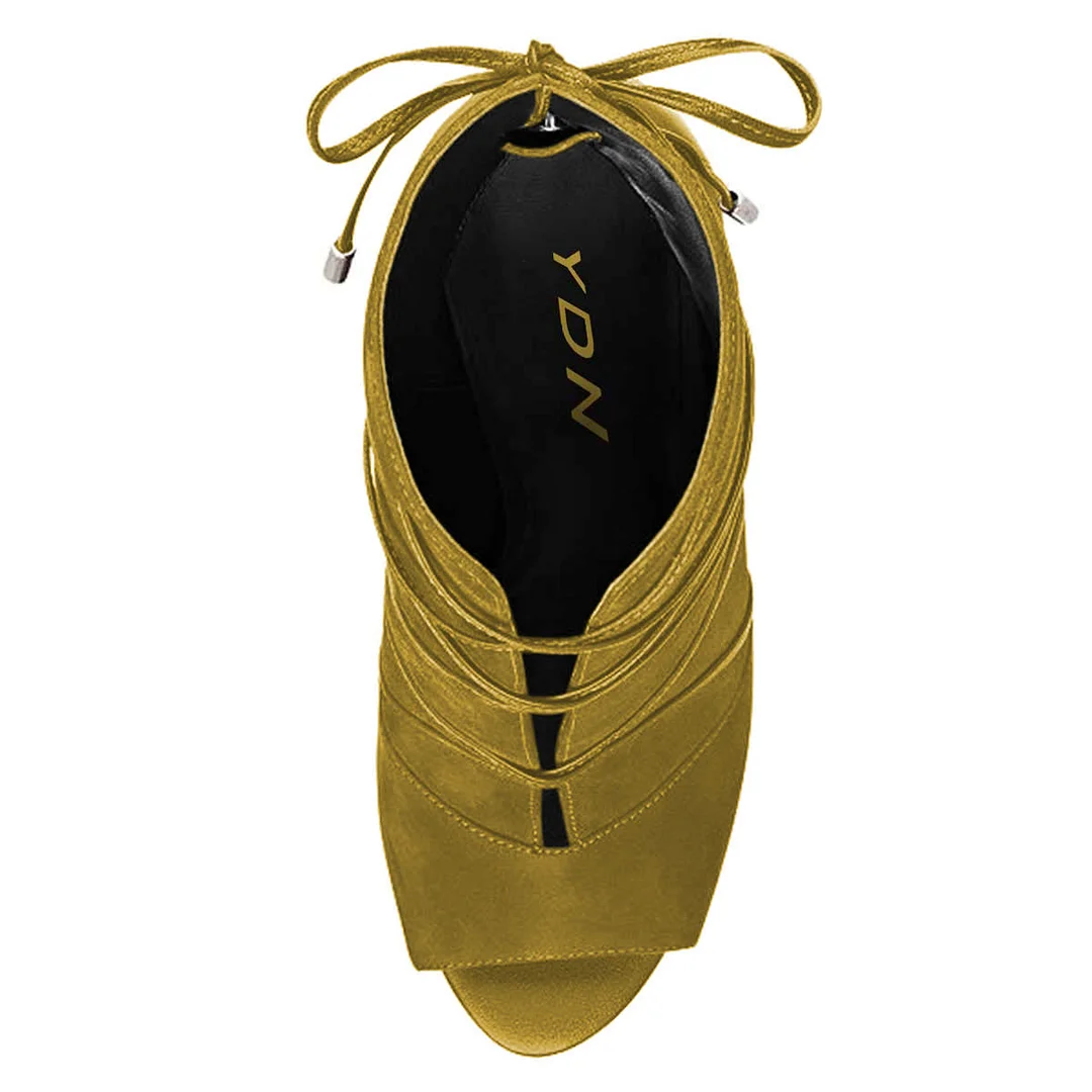 Military Green Peep Toe Back-Zip Lace-Up Stiletto Heel Ankle Boots