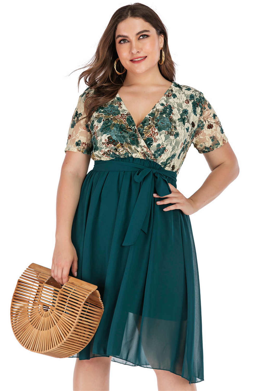 Plus Size Everyday Black Chiffon Floral Print Wrap Lace Up Midi Dress 2024 - Flycurvy 