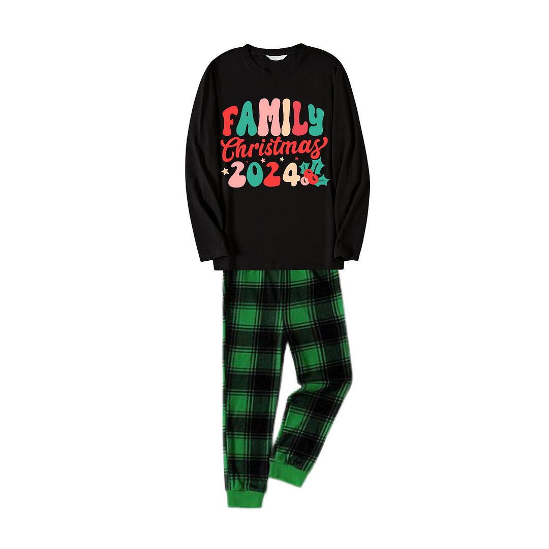 Christmas ‘ Family Christmas 2024’ Letter Print Black Long Sleeve Top with Green and Black Plaid Family Matching Pajamas