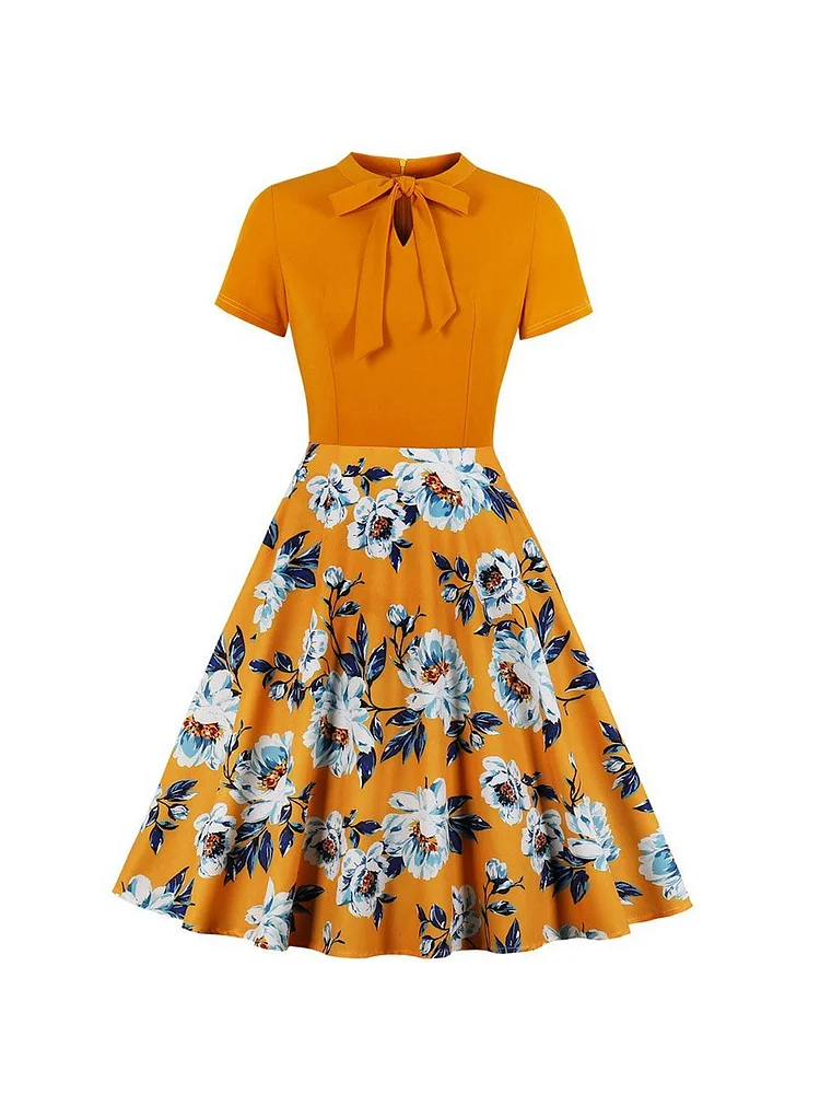 Mayoulove Vintage Dress Elegant Bow Tie Neckline Pleated Midi Dresses-Mayoulove