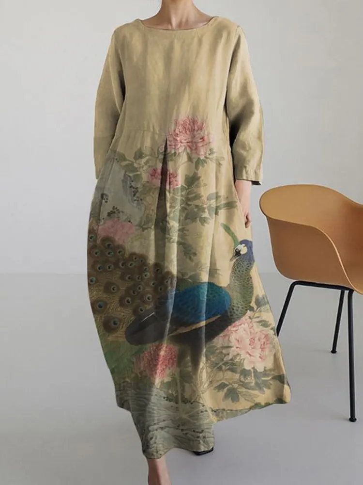 Vintage Japanese Peacock  Art Long Sleeve Midi Dress