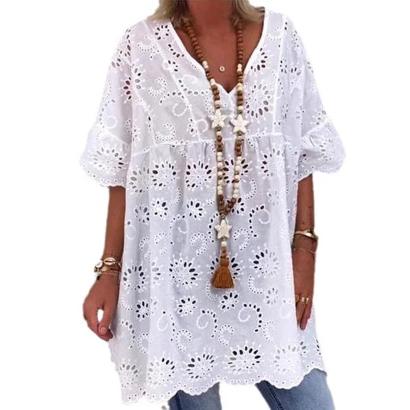 Wongn Wongn Women's New V-Neck Hollow Embroidered Blouse Short-Sleeved Dress