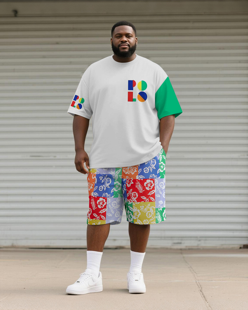 Big & Tall Men's Colorful Geometric Letters Colorblock Floral Print Round Neck Short Sleeve T-Shirt Shorts Suit