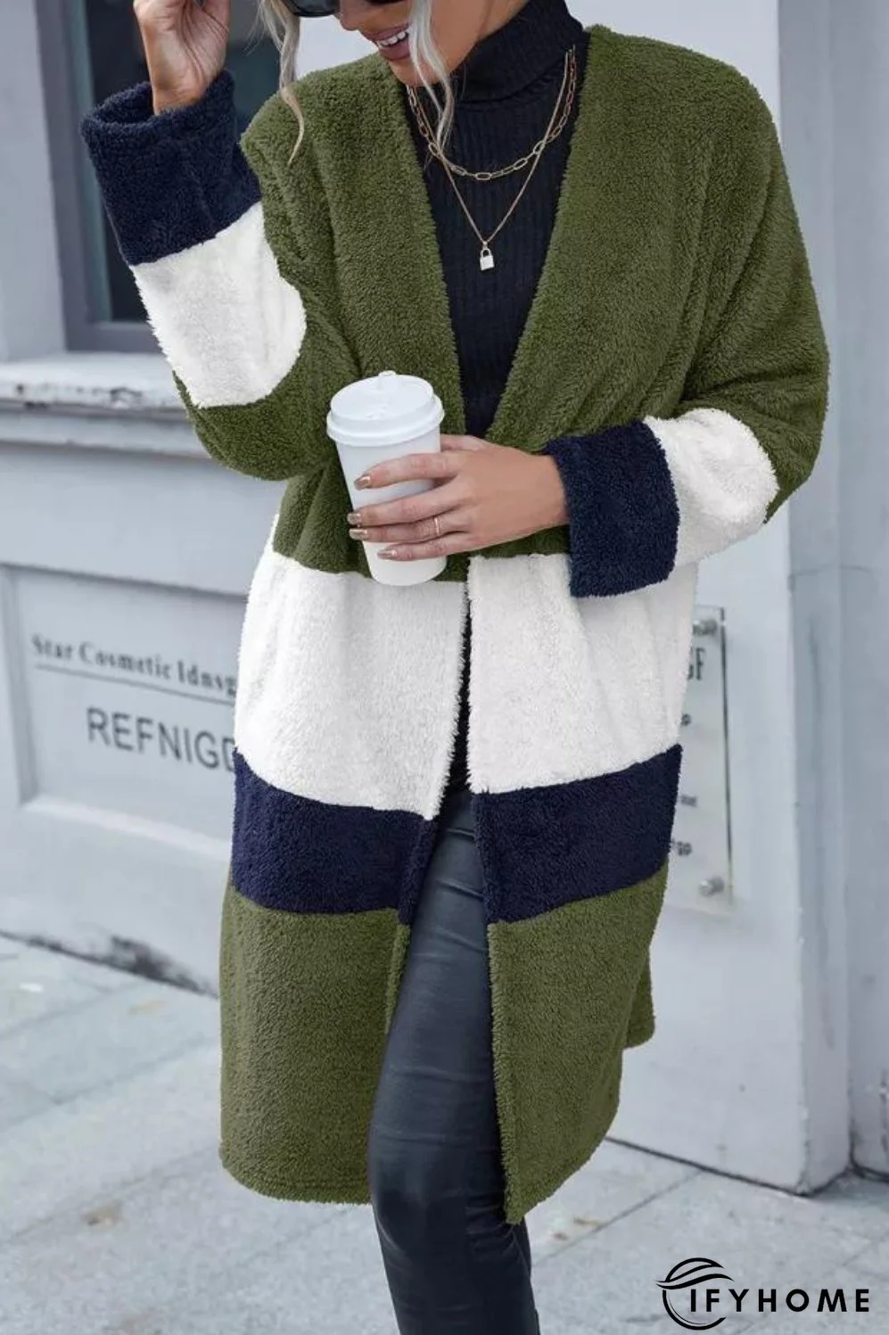 Woolen Cloth Color Matching Casual Loose Mid-length Ladies Coats | IFYHOME