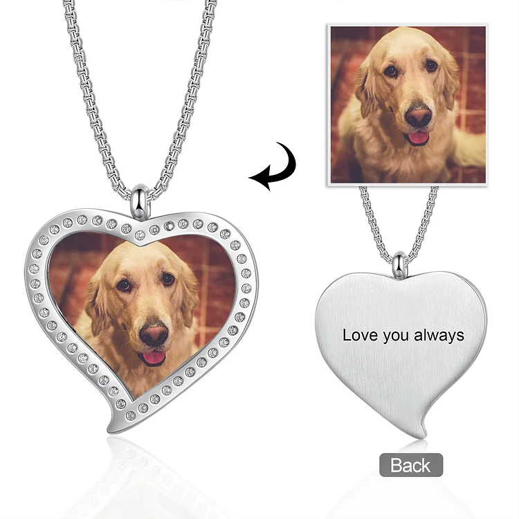 Personalized Necklace Engraved Picture, Rhinestone Crystal Love Heart Shape Picture Necklace, Custom Necklace with Picture and Text