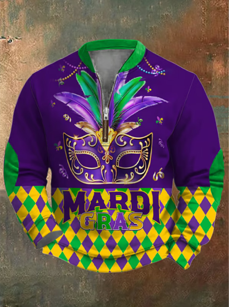 Comstylish Men's Retro Mardi Gras Print Zipper Sweatshirt