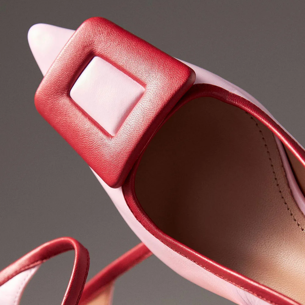 Pink & Red Block Heel Buckle Decor Pointed Toe Slingback Pumps