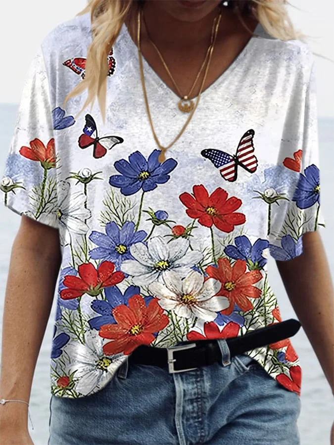 Women'S Independence Day Vintage Art Floral Print Casual T-Shirt socialshop