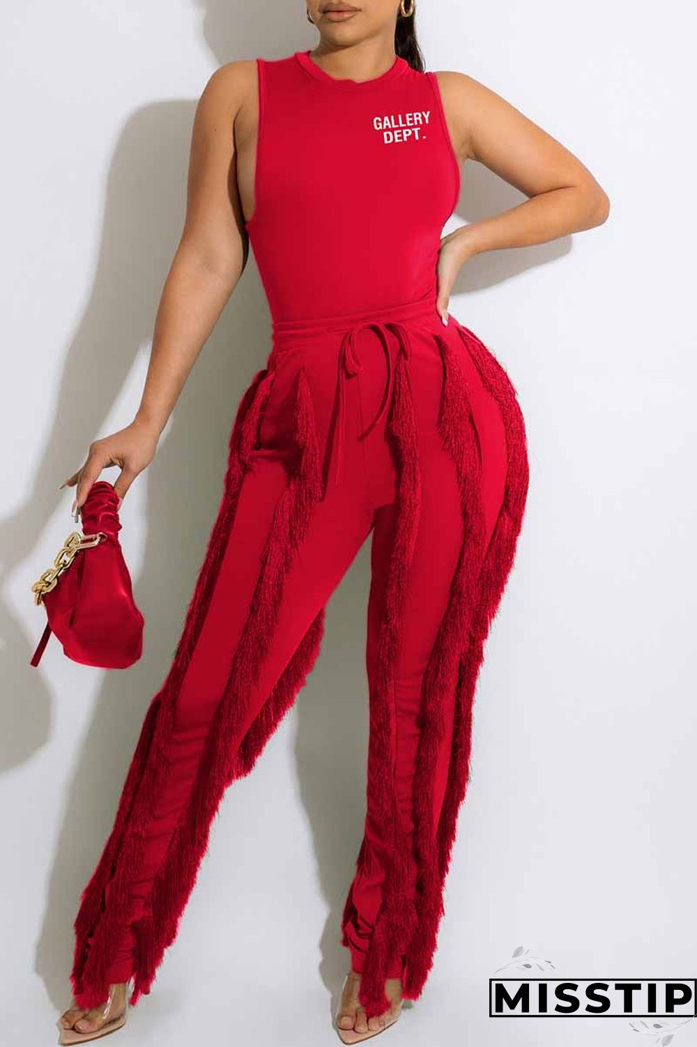 Green Street Print Tassel Letter O Neck Sleeveless Two Pieces