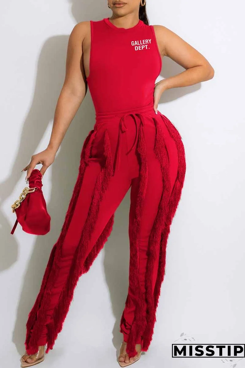 Green Street Print Tassel Letter O Neck Sleeveless Two Pieces