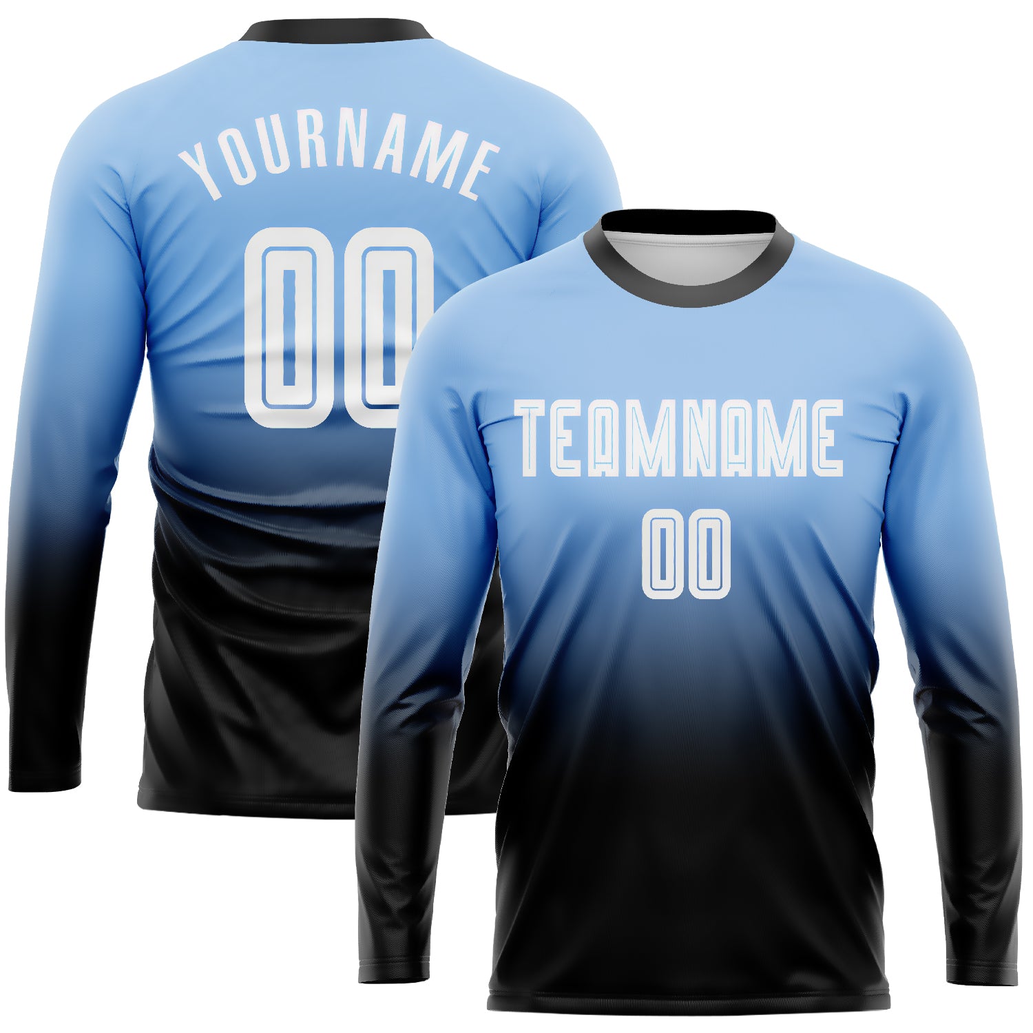 Custom Light Blue White-Black Sublimation Long Sleeve Fade Fashion Soccer Uniform Jersey | captainssportss.com