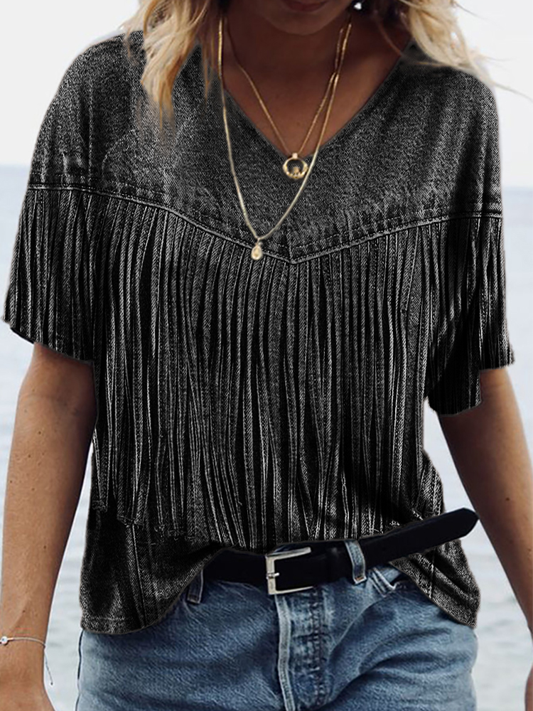Comstylish Vintage Denim Fringe V Neck T Shirt