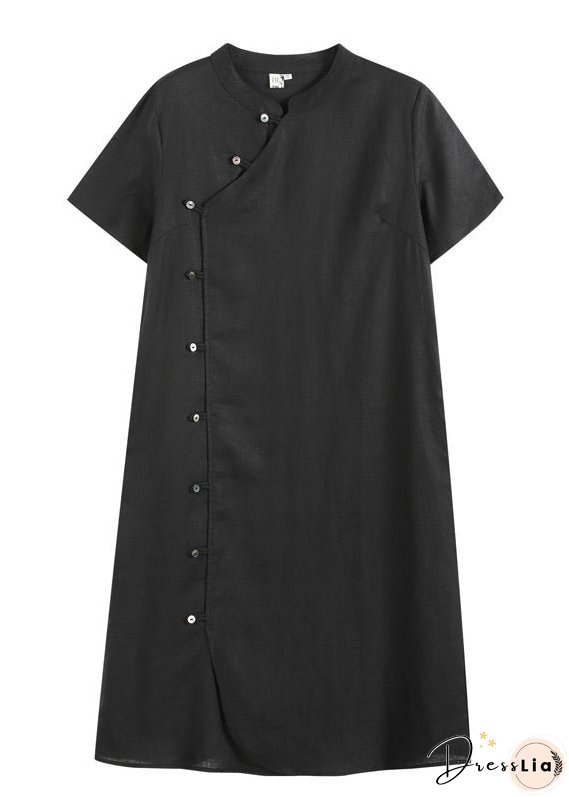 Vintage Solid Black Mandarin Collar Button Linen A Line Dresses Short Sleeve