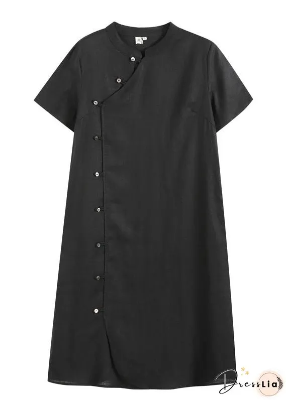 Vintage Solid Black Mandarin Collar Button Linen A Line Dresses Short Sleeve