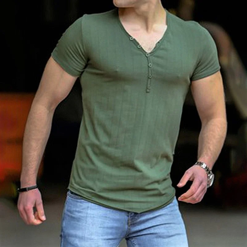 Men's Casual Solid Small Henley Collar T-Shirt