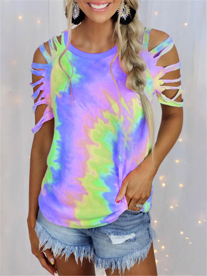 Summer New Round Neck Women's Tie-dye Print Short-sleeved Strapless Sexy Casual Pullover T-shirt Loose Type Top-Cosfine